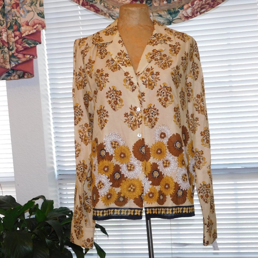 NWT Brown Floral Print L/S Blouse KAREN KANE S 6 8  M
